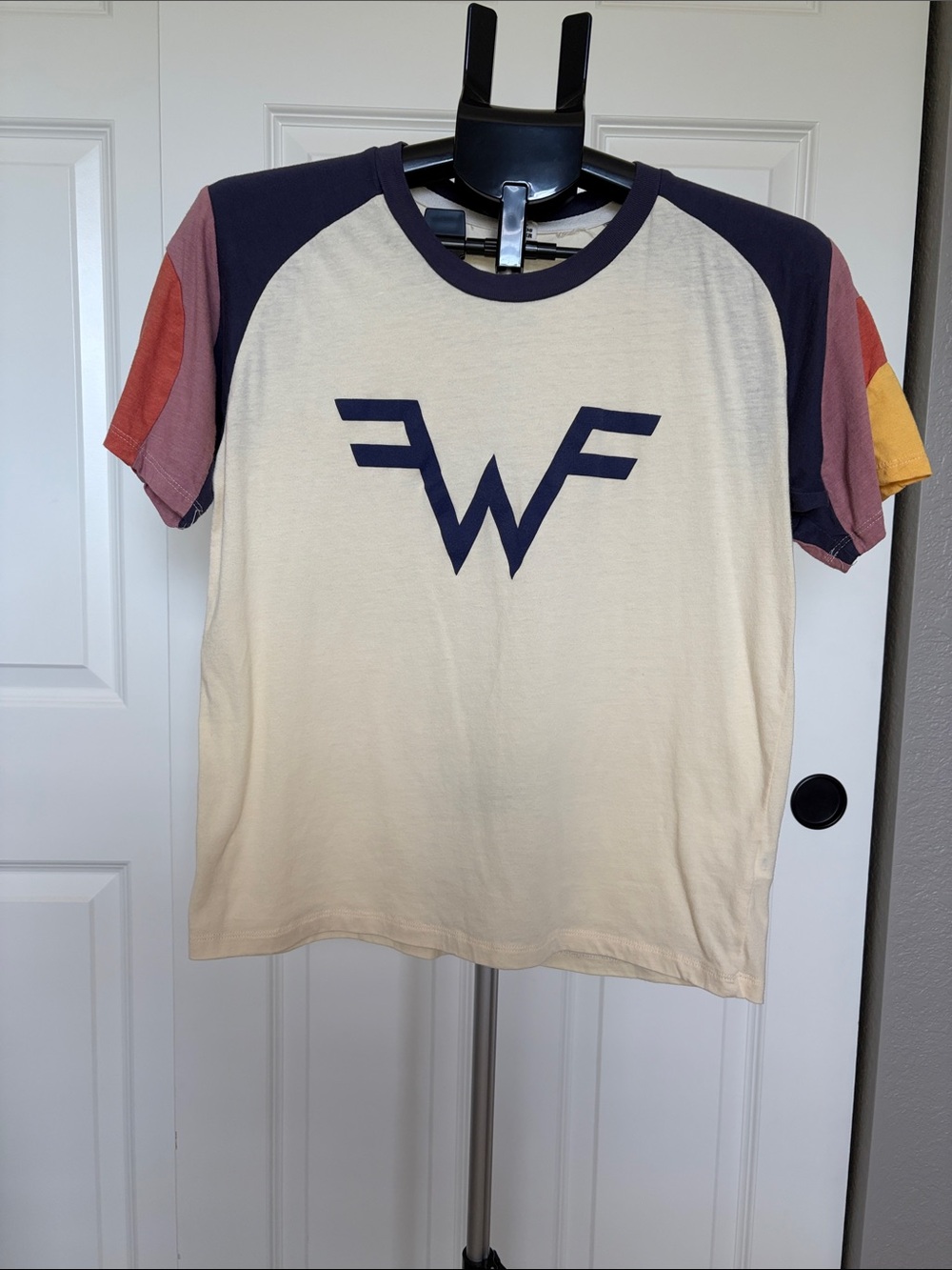 Weezer Rock Band Raglan Tee with Navy Logo and Multi-Color Sleeves